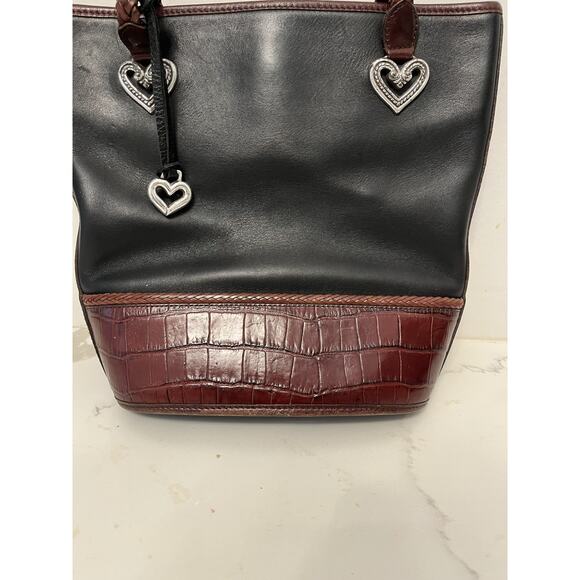 Brighton Womens Shoulder Bucket Bag Purse Leather Brown Black Croc Braided - Picture 2 of 7